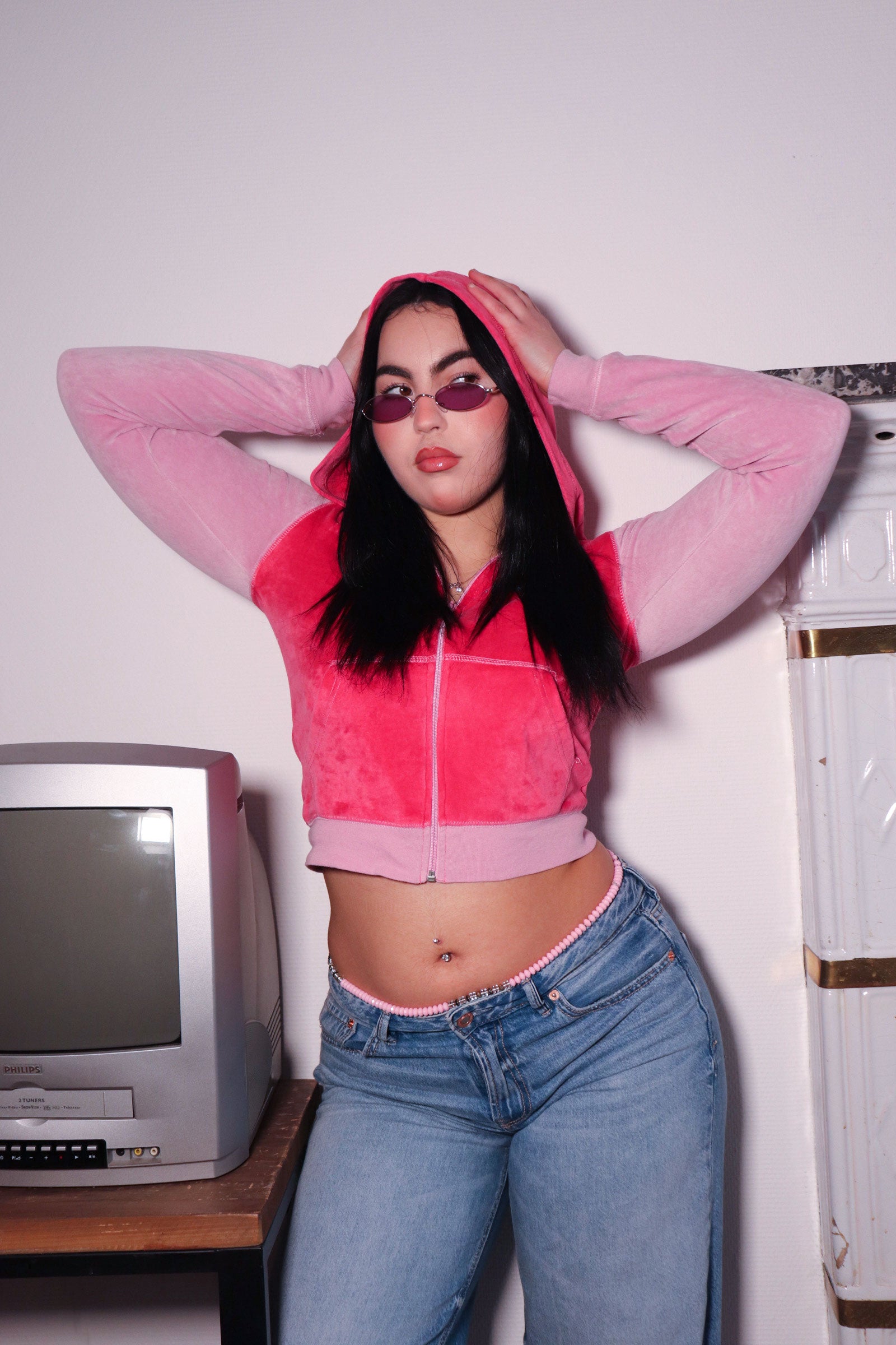 Gilet à capuche peau de pêche rose Y2K – Taille S